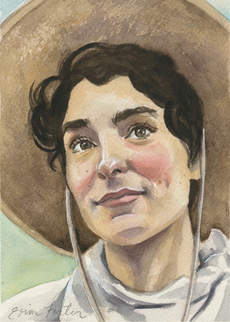 May include: Watercolor portrait of a person wearing a tan cowboy hat and a white shirt. The person has dark brown hair and is looking up with a slight smile. The artist's signature is in the bottom left corner.
