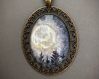 Full Moon Forest Necklace | Hand Painted Watercolor Pendant | Landscape Pendant | Nature Lovers | Night Sky | Pine Forest | Trees Necklace