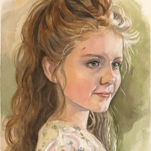 May include: Watercolor portrait of a young girl with long, wavy brown hair and green eyes. She wears a light-colored dress with a floral pattern. The artwork is signed "Erin Porter" in the bottom right corner.
