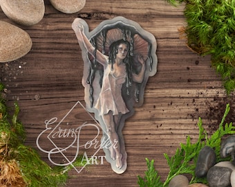 Naklejka Mushroom Girl | Flower Fairy | Naklejka Fairy Art | Cottagecore Art | Fairycore | Goblincore | Quirky Watercolor | Mushroom Fairy