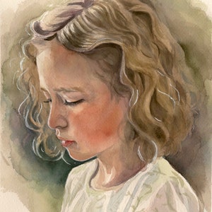 May include: Watercolor portrait of a young person with light brown curly hair and a fair complexion. The subject is wearing a white top with a floral pattern. The artwork is signed in the bottom right corner.