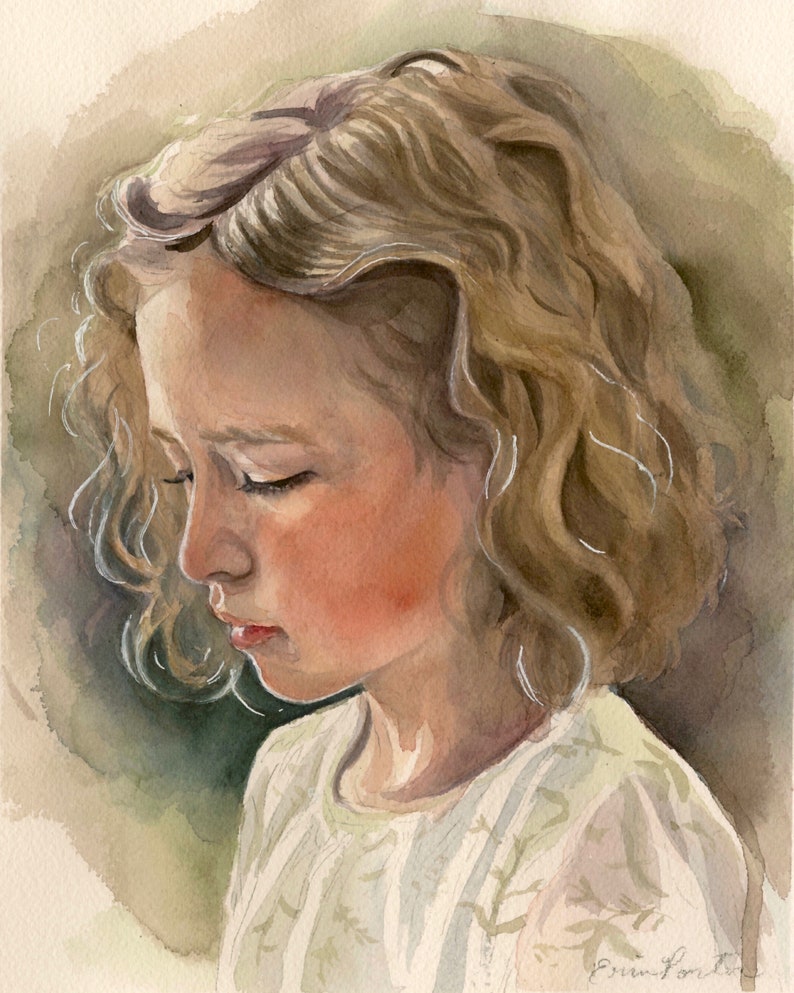May include: Watercolor portrait of a young person with light brown curly hair and a fair complexion. The subject is wearing a white top with a floral pattern. The artwork is signed in the bottom right corner.