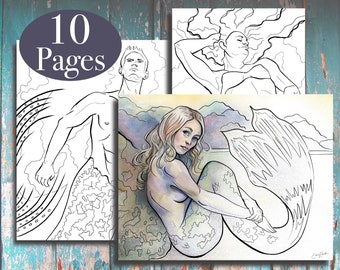 Mermaid Adult Coloring Book | 10 Printable Coloring Pages | Mermaid Coloring Pages