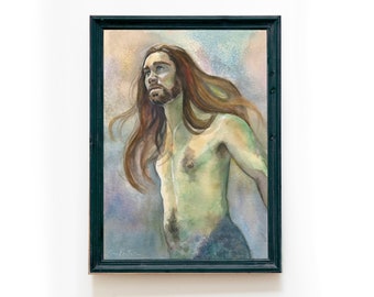 Merman Art Print Akwarela Malarstwo | Merman Art | Merman Decor | Merman Illustration | Merman Gift Idea | Merman Room | Ocean Art
