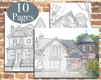 Adult Coloring Pages | Victorian House Coloring Pages | Classic Architecture | Printable Digital Download | 10 Pages