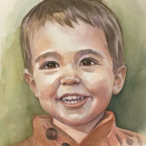 May include: Watercolor portrait of a smiling child with brown hair and eyes. The child is wearing a brown jacket with three dark buttons. The background is a soft green and beige.