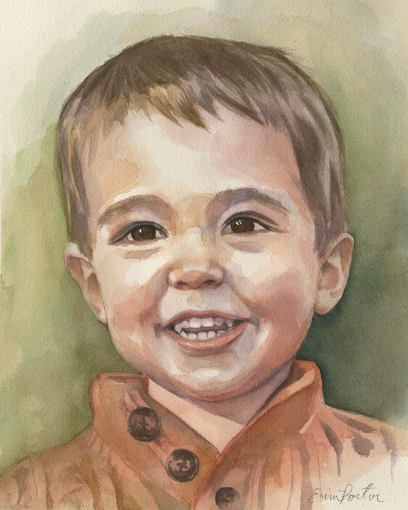 May include: Watercolor portrait of a smiling child with brown hair and eyes. The child is wearing a brown jacket with three dark buttons. The background is a soft green and beige.