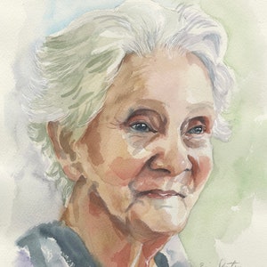 May include: Watercolor portrait of an older person with white hair and blue eyes. The artwork features soft colors, including shades of pink, brown, and green. The artist's signature is visible in the lower right corner.