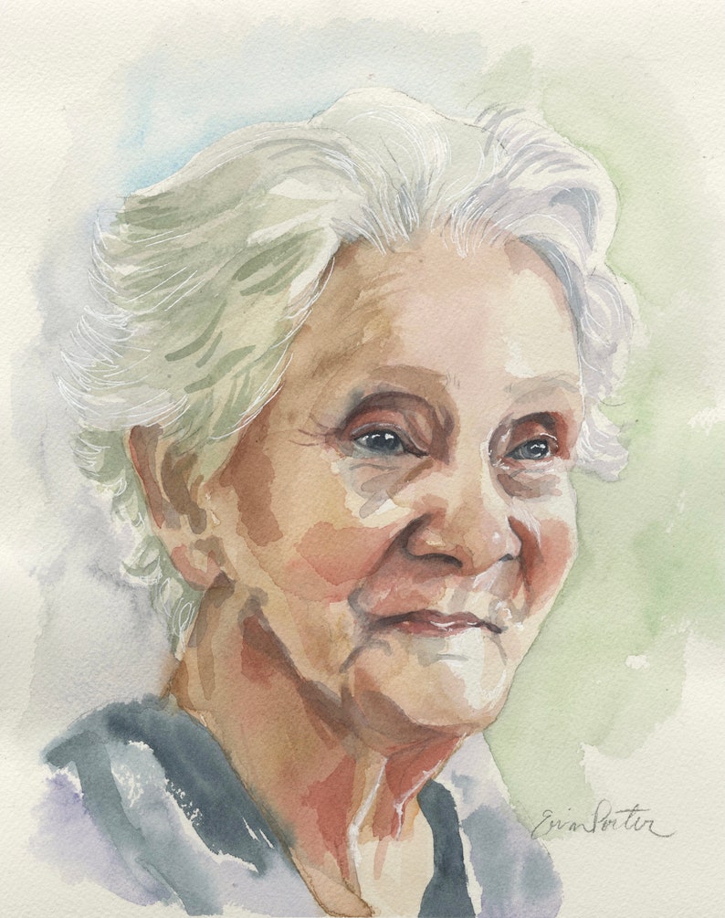 May include: Watercolor portrait of an older person with white hair and blue eyes. The artwork features soft colors, including shades of pink, brown, and green. The artist's signature is visible in the lower right corner.