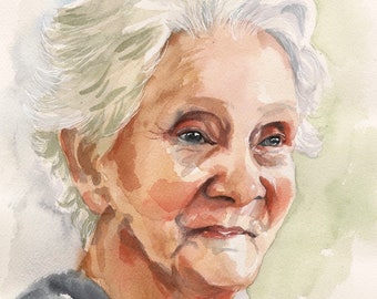 May include: Watercolor portrait of an older person with white hair and a gentle expression. The artwork features soft colors, with a focus on the subject's face and a subtle background. The artist's signature is visible.
