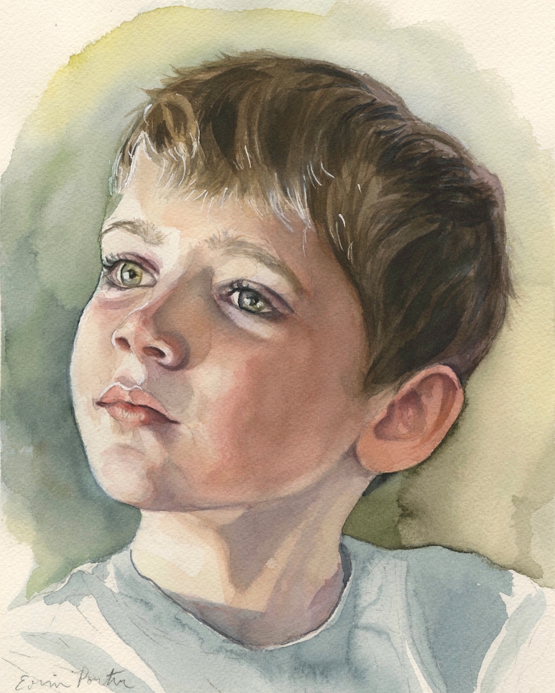 May include: Watercolor portrait of a young person with brown hair and green eyes, looking upwards. The artwork features soft shading and a light blue shirt. Signed by the artist, Erin Porter, in the bottom left corner.