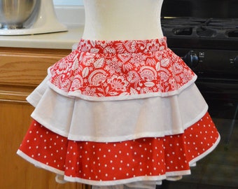 Handmade Womens Red Half Apron - Fun & Flirty - Perfect for Christmas, Birthday, Bachelorette, Hostess Gift