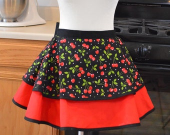 Retro Pinup Style Womens Half Apron - Fun & Flirty Cherry Print - Perfect for Christmas, Birthday, Bachelorette, Hostess Gift