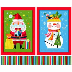 Könnte beinhalten: Zwei rechteckige Paneele mit weihnachtlichen Illustrationen. Das linke Paneel zeigt den Weihnachtsmann mit einem Geschenk, einen Bären in einem gelben Sack und Sterne auf grünem Grund. Rechts ein Schneemann mit Vogel auf Blau.