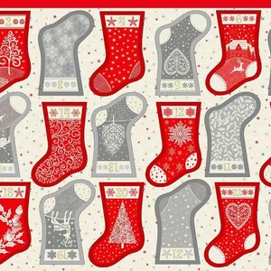 May include: A fabric panel featuring a Stocking Advent calendar design with twenty-four individual stocking illustrations. The stockings alternate between red and grey, each decorated with white holiday patterns, including trees, reindeer, and snowflakes.