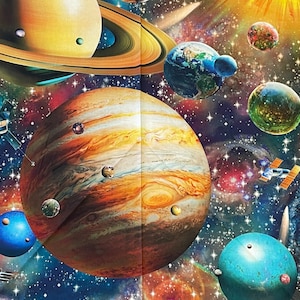 May include: A colourful educational poster featuring planets of the solar system. The poster includes illustrations of Venus, Earth, Mars, Saturn, Uranus, and Neptune, with labels indicating the number of moons each planet has. The background is a starry space scene.