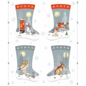 May include: Four grey Christmas stockings featuring winter scenes with a dalmatian by a red mailbox, a robin on a post, an owl on a tree stump, and a rabbit in the snow. Each stocking has a red top border with white snowflakes and a snowy base.