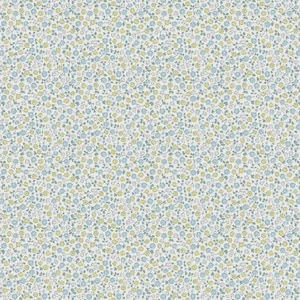 May include: A fabric with a repeating floral pattern. The design features small blue and yellow flowers with green stems and leaves on a white background. The overall effect is delicate and reminiscent of a vintage style.