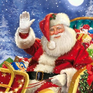 May include: Santa Claus with a white beard and glasses, wearing a red suit with white fur trim and a matching hat, sits in a red sleigh filled with wrapped gifts. Santa waves a white-gloved hand against a snowy night sky with a bright full moon.