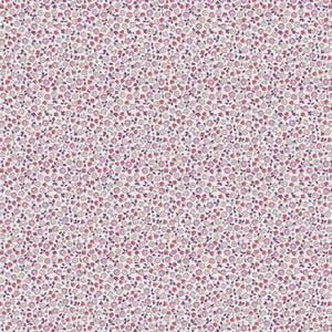 May include: A fabric with a repeating floral pattern. The design features small, stylized flowers in shades of pink, red, and purple, set against a white background. The overall effect is delicate and feminine, suitable for various craft projects.
