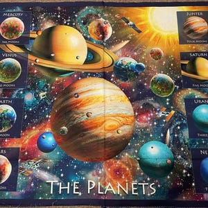 Op de afbeelding: Een rechthoekig stoffen paneel met een ruimte-thema print getiteld THE PLANETS. Het ontwerp toont een grote centrale planeet omringd door kleinere illustraties van Mercurius, Venus, Aarde, Mars, Jupiter, Saturnus, Uranus en Neptunus.