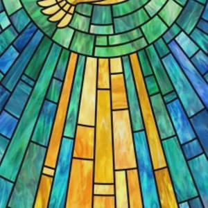 May include: A stained glass panel measuring 43 inches by 28 inches featuring a yellow dove in flight holding a green olive branch. The dove is centred within a circular yellow sunburst against a background of blue and green glass segments.