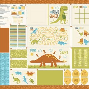 Peut inclure: Un panneau de tissu présentant un design de livre d'activités sur le thème des dinosaures avec divers jeux, notamment un morpion, un labyrinthe, des mots mêlés et des exercices de comptage. L'imprimé inclut des illustrations de dinosaures, d'œufs et de pièces de jeu dans des tons de vert, bleu et orange sur un fond crème.
