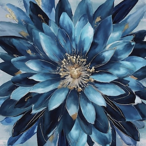 May include: A large, multi-layered flower painting featuring deep navy, royal blue, and light blue petals. The centre of the bloom is highlighted with textured gold leaf accents that extend outward, creating a vibrant contrast against the blue tones.