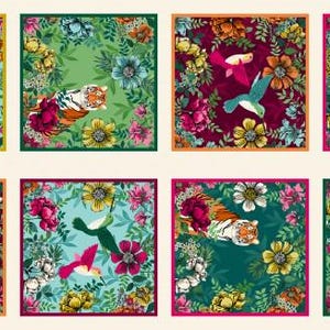May include: A set of eight square scarves featuring vibrant botanical prints with various animals including zebras, tigers, leopards, and hummingbirds. Each scarf displays a unique colour palette of teal, green, and burgundy with floral patterns.