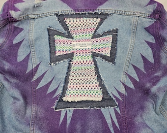XL Refurbished Jean Jacket with Handwoven Cross Patch