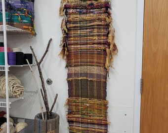 Handwoven Wall Art, Gold Brown Jewel Tones, 32-inch Driftwood