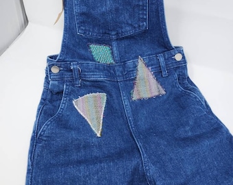 Refurbished XS Denim Overalls with Handwoven Art Patches