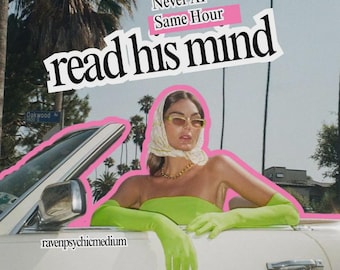 Puede incluir: Un collage con una persona que viste un top palabra de honor verde lima, guantes largos a juego, un pañuelo estampado y gafas amarillas. El texto Never AI Same Hour read his mind y ravenpsychicmedium aparece sobre un descapotable blanco.