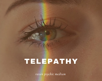 Puede incluir: Un primer plano de un ojo con un arcoíris de luz brillando a través de él. El texto "TELEPATHY" está escrito en letras blancas debajo del ojo, y el texto "raven psychic medium" está escrito en letras blancas más pequeñas debajo de eso.
