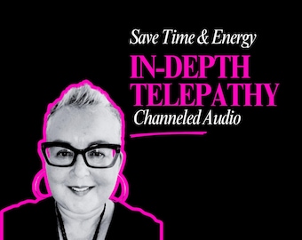 May include: A black and white portrait of a person wearing glasses, outlined in bright pink against a black background. The text reads: Save Time & Energy, IN-DEPTH TELEPATHY, Channeled Audio. The text is in white and bright pink.