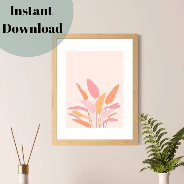 Tropical Leaves Abstract Print | Tropical Plant Tropical Flower Hawaii Wall Print | Pink Orange