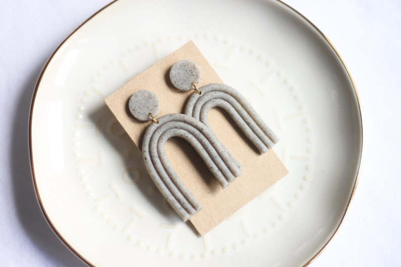 Modern Jewelry Minimalist Earrings Polymer Clay Earrings Drop Earrings Gray Stone Boho Rainbow Arch Statement Earrings