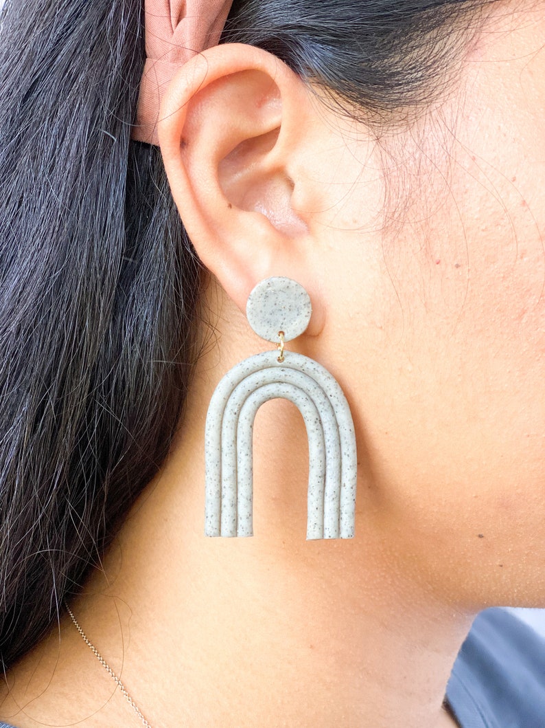 Modern Jewelry Minimalist Earrings Polymer Clay Earrings Drop Earrings Gray Stone Boho Rainbow Arch Statement Earrings