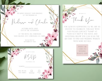 Floral Editable Wedding Invitation Template | Customizable Bundle With RSVP Card, Thank You Note | Canva DIY | Elegant | Pink Gold White
