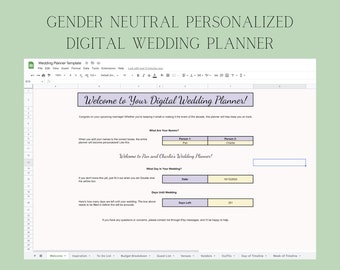 Gender Neutral Digital Personalized Wedding Planner Using Google Sheets | LGBTQ Friendly With Neutral Terms | 10 Unique Pages For Planning