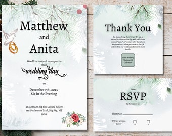 Winter Wedding Invitation Set | Editable Template | Customizable Bundle | RSVP Card | Thank You Note | Canva DIY | Elegant | White Green Red