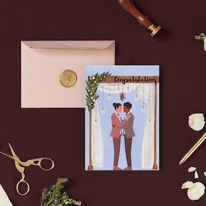 LGBTQIA Wedding Congratulations Card Androgynous Nonbinary Lesbian Gay Couple Queer Engagement Gift Two Suits Digital Download image 1