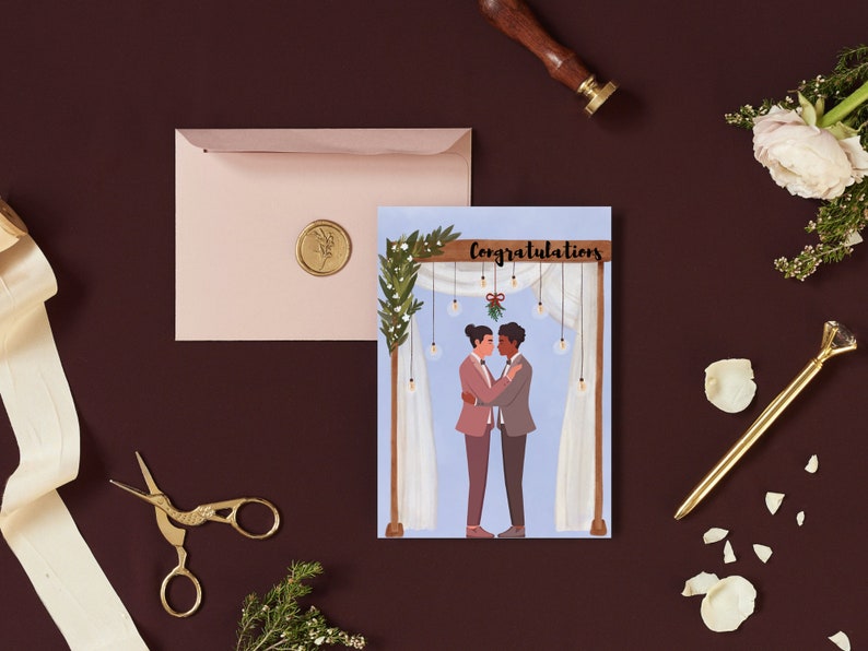 LGBTQIA Wedding Congratulations Card Androgynous Nonbinary Lesbian Gay Couple Queer Engagement Gift Two Suits Digital Download image 1