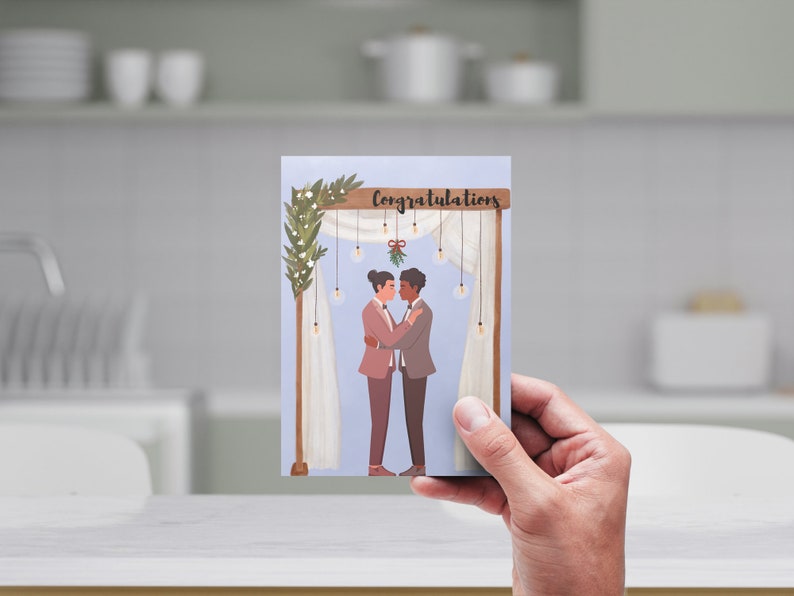 LGBTQIA Wedding Congratulations Card Androgynous Nonbinary Lesbian Gay Couple Queer Engagement Gift Two Suits Digital Download image 4