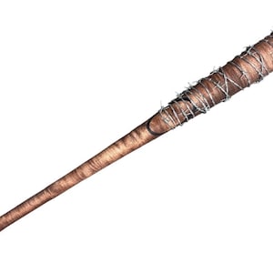 May include: A wooden baseball bat wrapped with barbed wire. The bat is brown and the wire is silver.