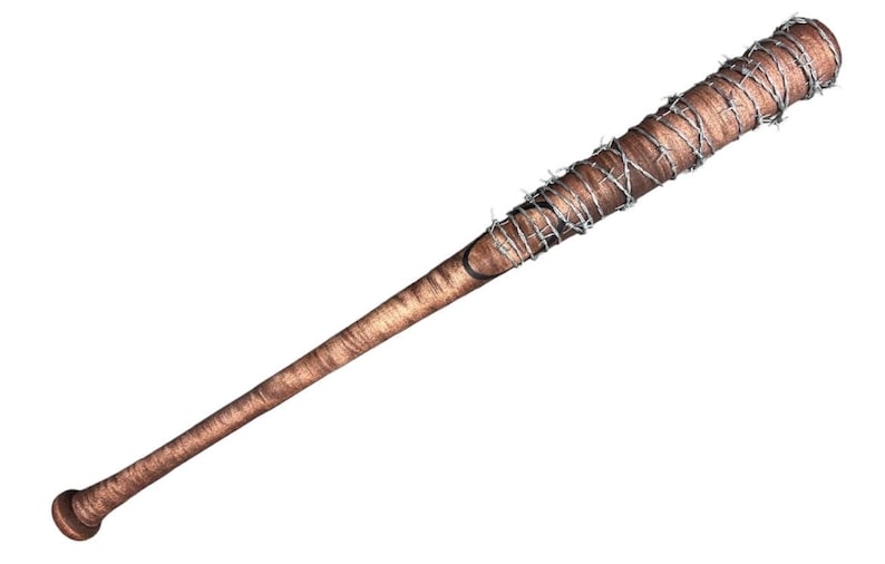 May include: A wooden baseball bat wrapped with barbed wire. The bat is brown and the wire is silver.