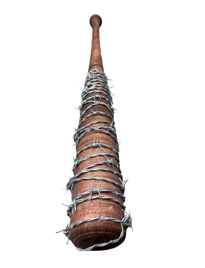 May include: A brown wooden baseball bat wrapped in barbed wire.