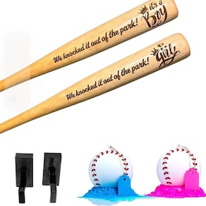 May include: Two wooden baseball bats with the text "We knocked it out of the park!" and "It's a Boy" or "It's a Girl" engraved on them. Two baseballs are shown with blue and pink powder around them.