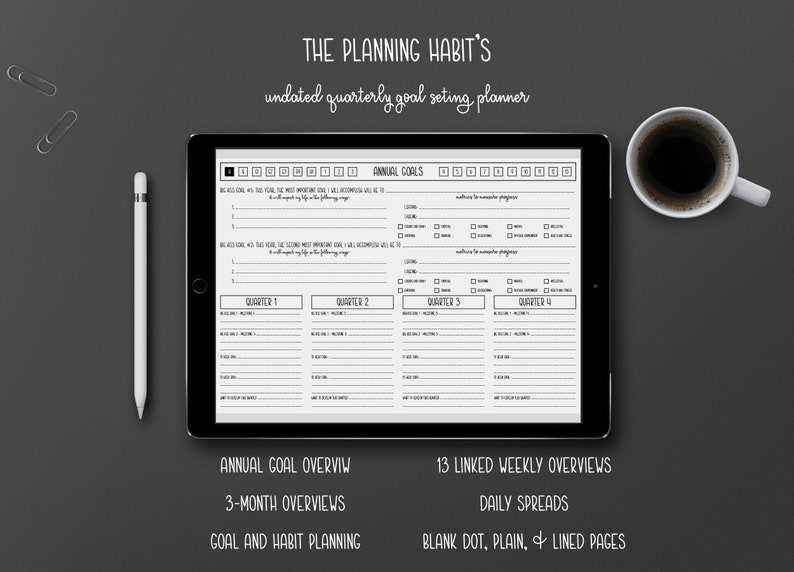 May include: A digital planner on a tablet with the text "THE PLANNING HABIT'S undated quarterly goal setting planner." The planner includes sections for annual goals, quarterly goals, and weekly overviews. A white stylus and a cup of coffee are also visible.