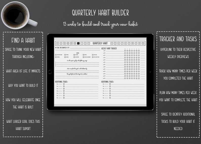 May include: A digital planner on a tablet with the text "Quarterly Habit Builder" and "13 weeks to build and track your new habit." The planner includes sections for habit tracking, goal setting, and task management. A cup of coffee sits in the upper left corner.